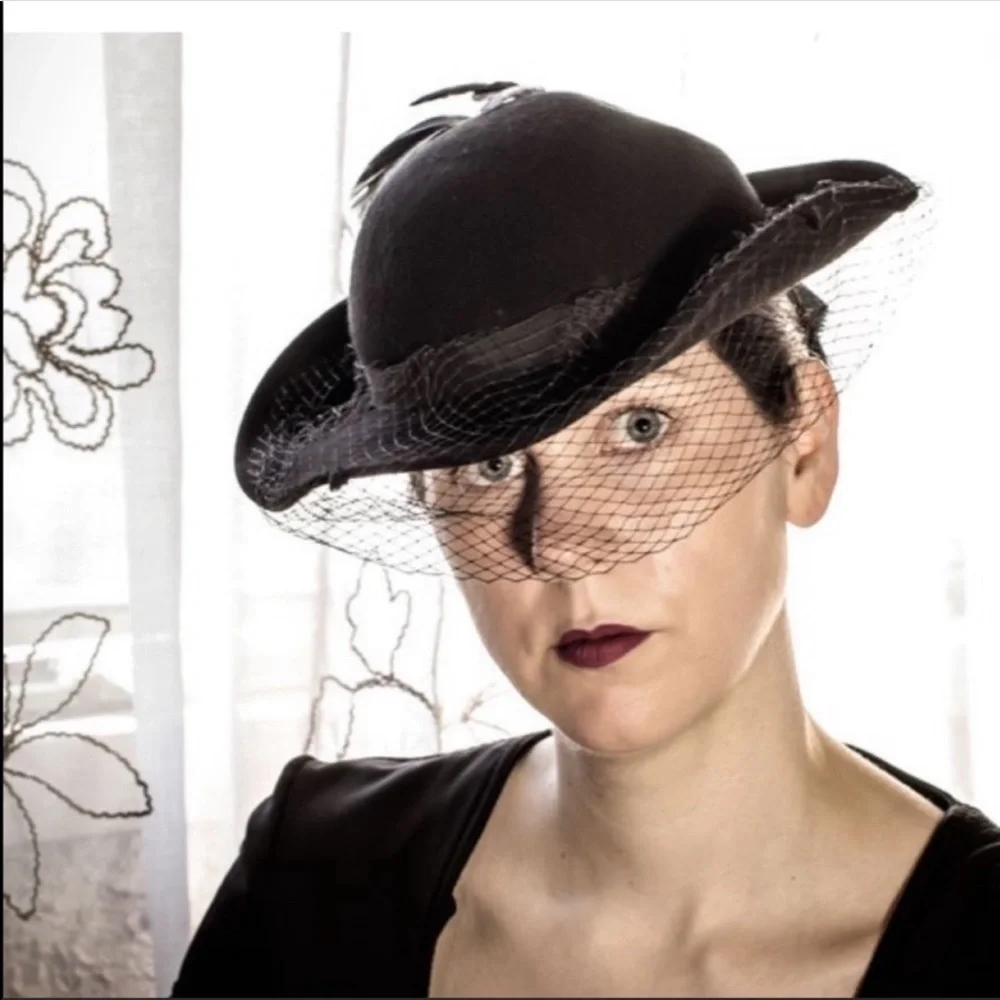 VTG Black Wool Victorian Hat Birdcage Dot Veil Bow - Picture 3 of 14